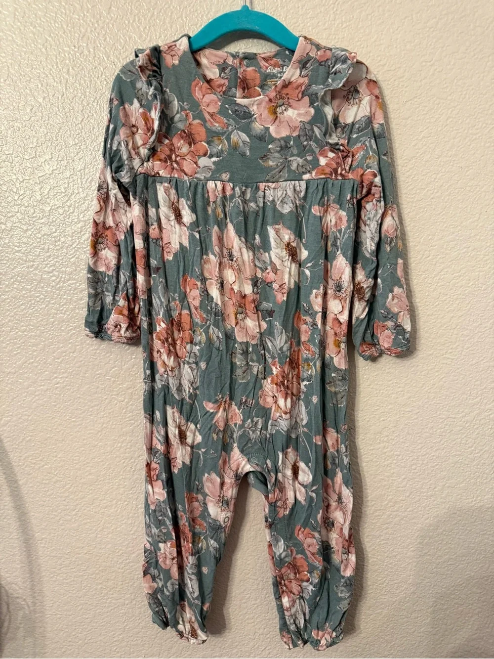 Angel Dear Floral Long-Sleeve One-Piece Romper in Sage Green and Blush